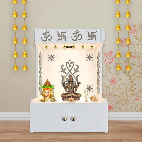 OM Swastika Symbol of Hindu Religious Floor Temple with Spacious Wooden Shelf & Inbuilt Focus Light- White Finish - Decor Mantra 