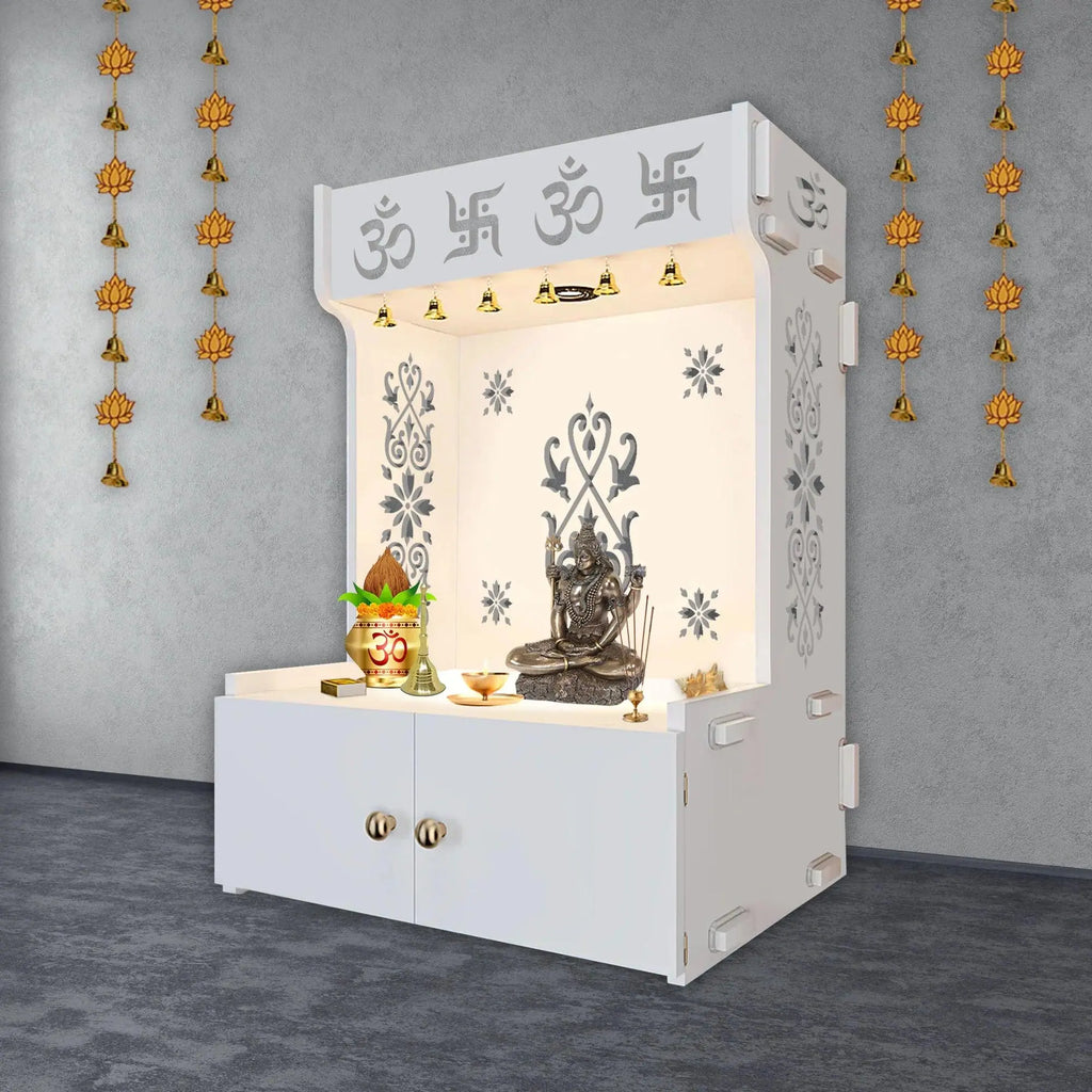 OM Swastika Symbol of Hindu Religious Floor Temple with Spacious Wooden Shelf & Inbuilt Focus Light- White Finish - Decor Mantra 