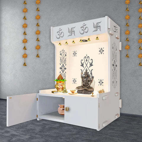 OM Swastika Symbol of Hindu Religious Floor Temple with Spacious Wooden Shelf & Inbuilt Focus Light- White Finish - Decor Mantra 