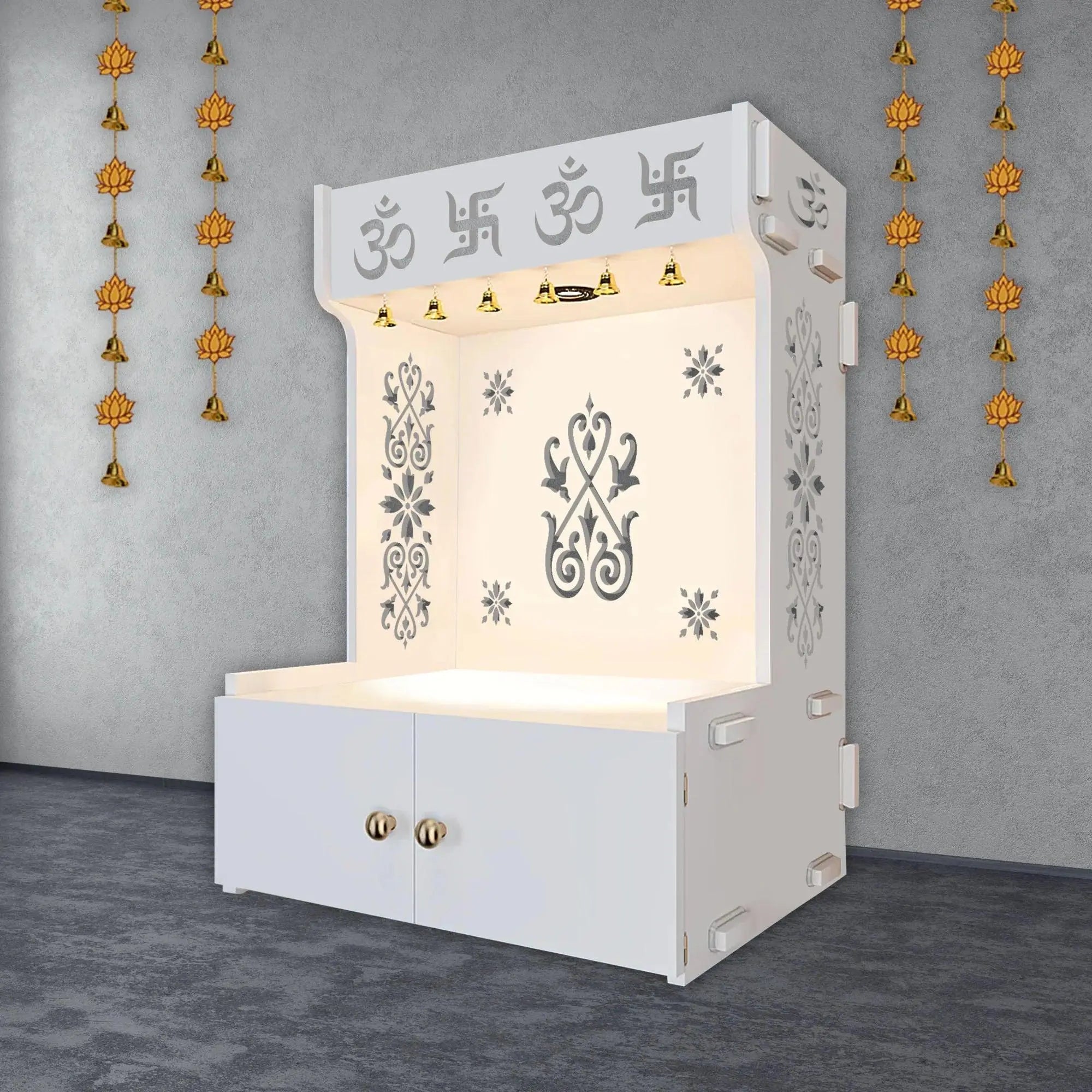 OM Swastika Symbol of Hindu Religious Floor Temple with Spacious Wooden Shelf & Inbuilt Focus Light- White Finish - Decor Mantra 