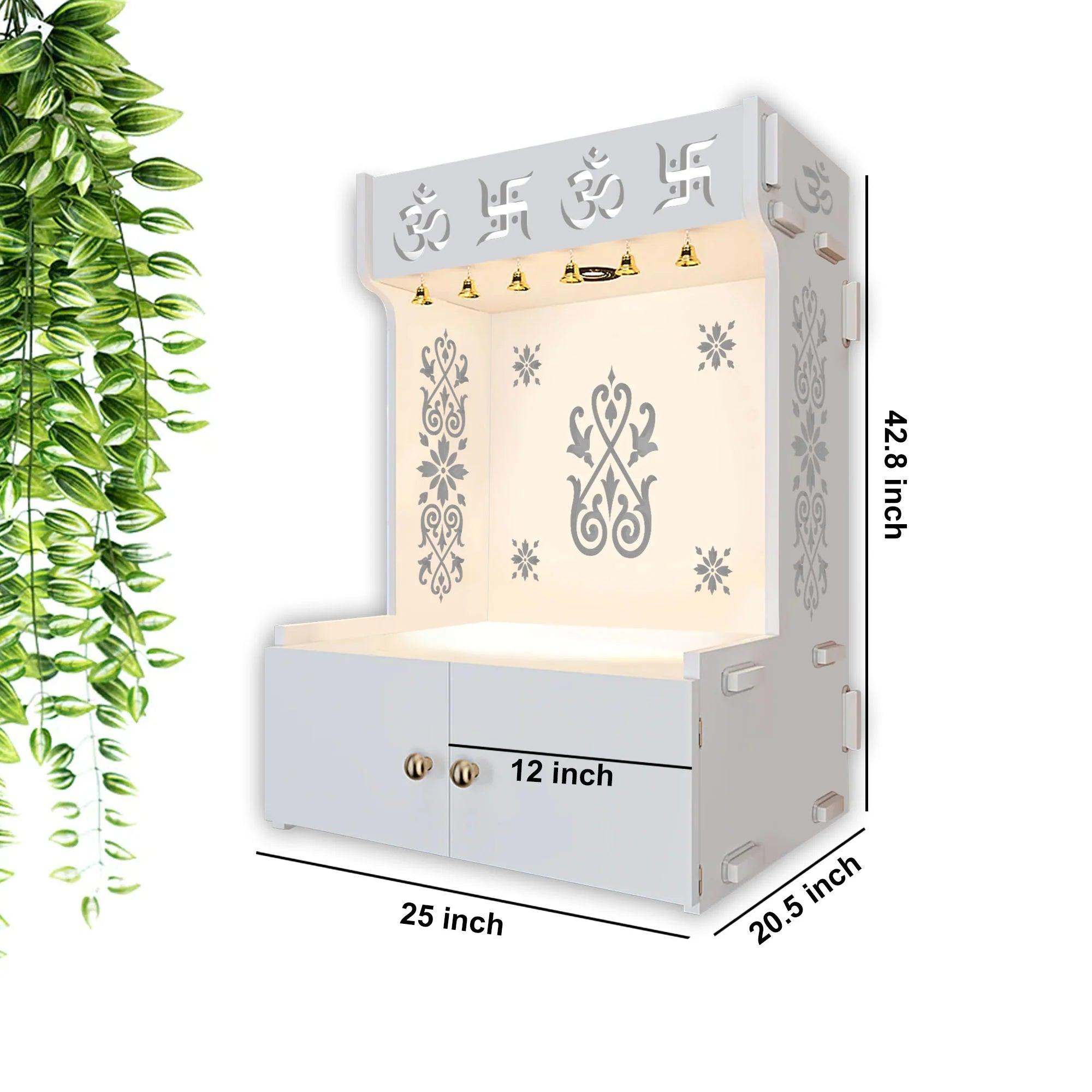 OM Swastika Symbol of Hindu Religious Floor Temple with Spacious Wooden Shelf & Inbuilt Focus Light- White Finish - Decor Mantra 