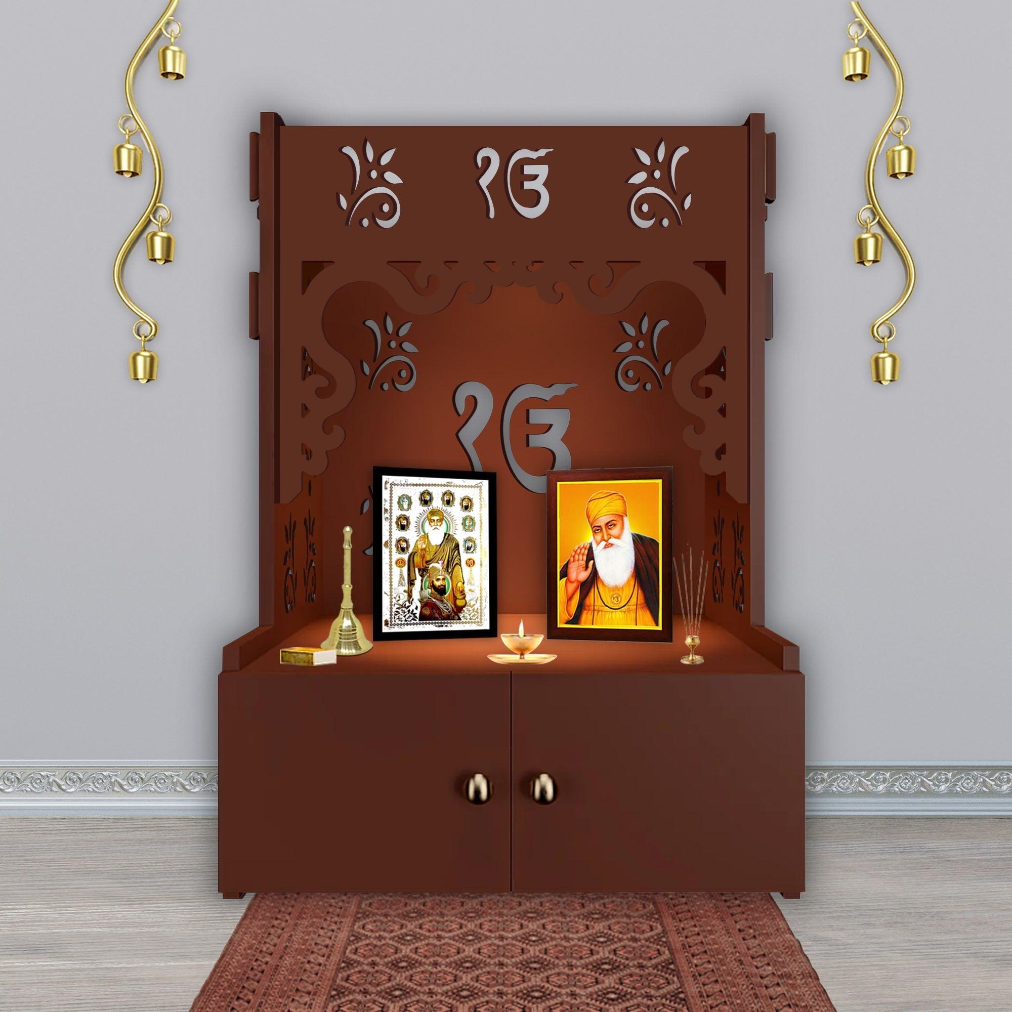 Ek-onkar Holy Symbol Floor Temple with Spacious Wooden Shelf & Inbuilt Focus Light- Brown Finish - Decor Mantra 