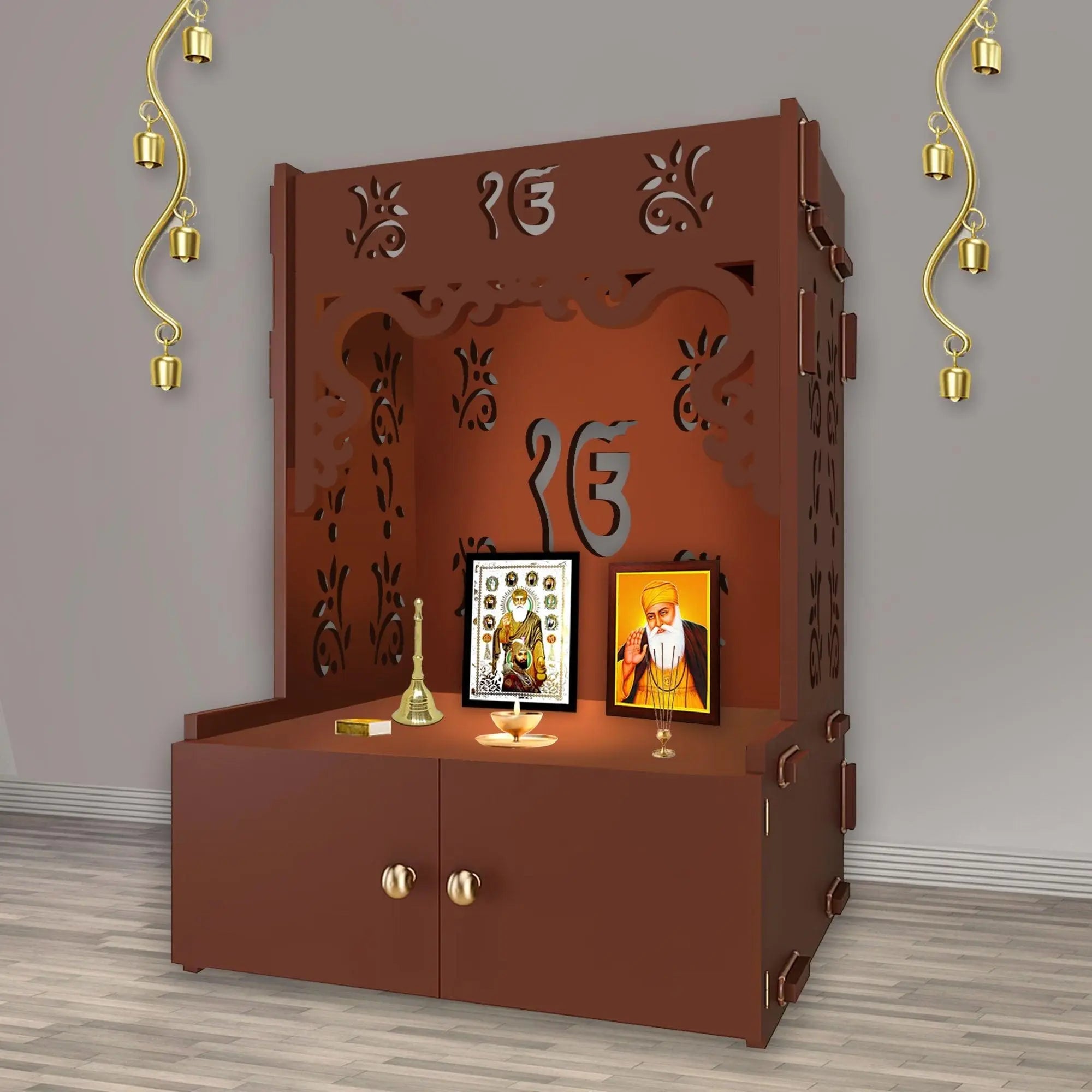 Ek-onkar Holy Symbol Floor Temple with Spacious Wooden Shelf & Inbuilt Focus Light- Brown Finish - Decor Mantra 