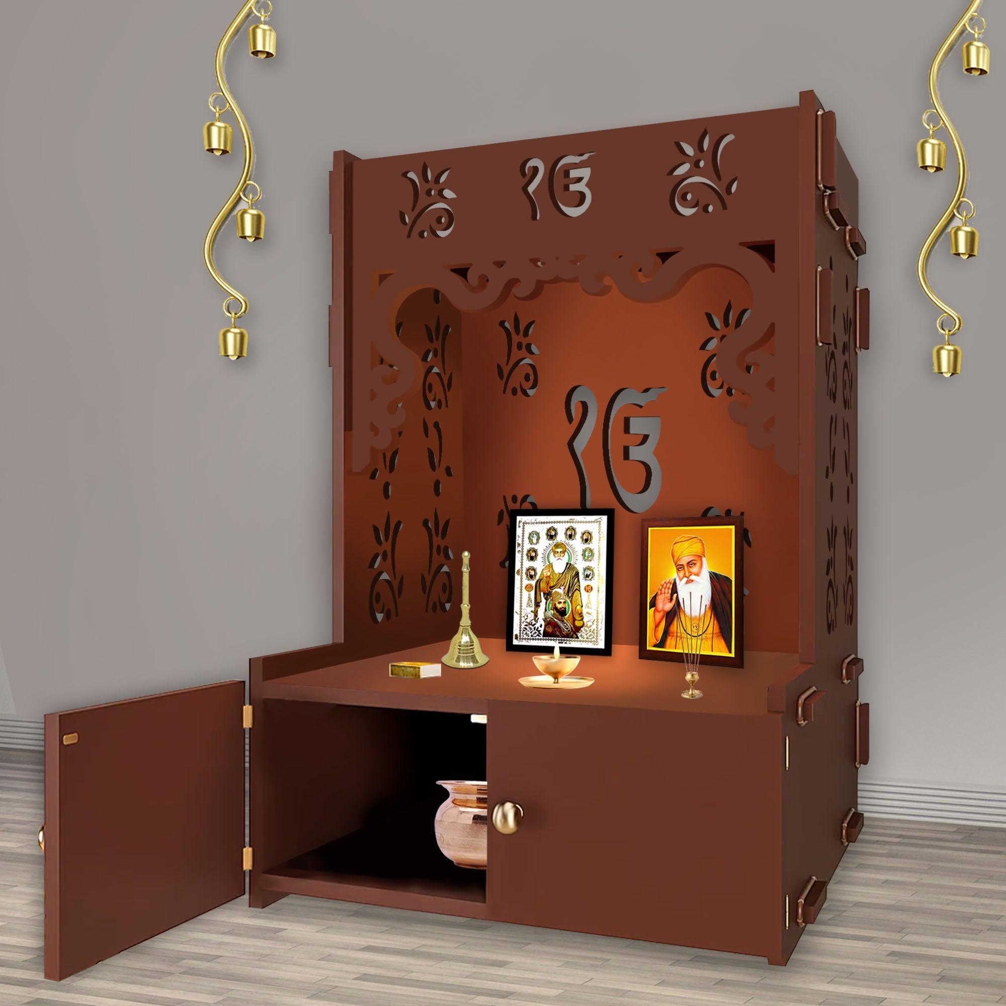 Ek-onkar Holy Symbol Floor Temple with Spacious Wooden Shelf & Inbuilt Focus Light- Brown Finish - Decor Mantra 