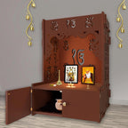 Ek-onkar Holy Symbol Floor Temple with Spacious Wooden Shelf & Inbuilt Focus Light- Brown Finish - Decor Mantra 