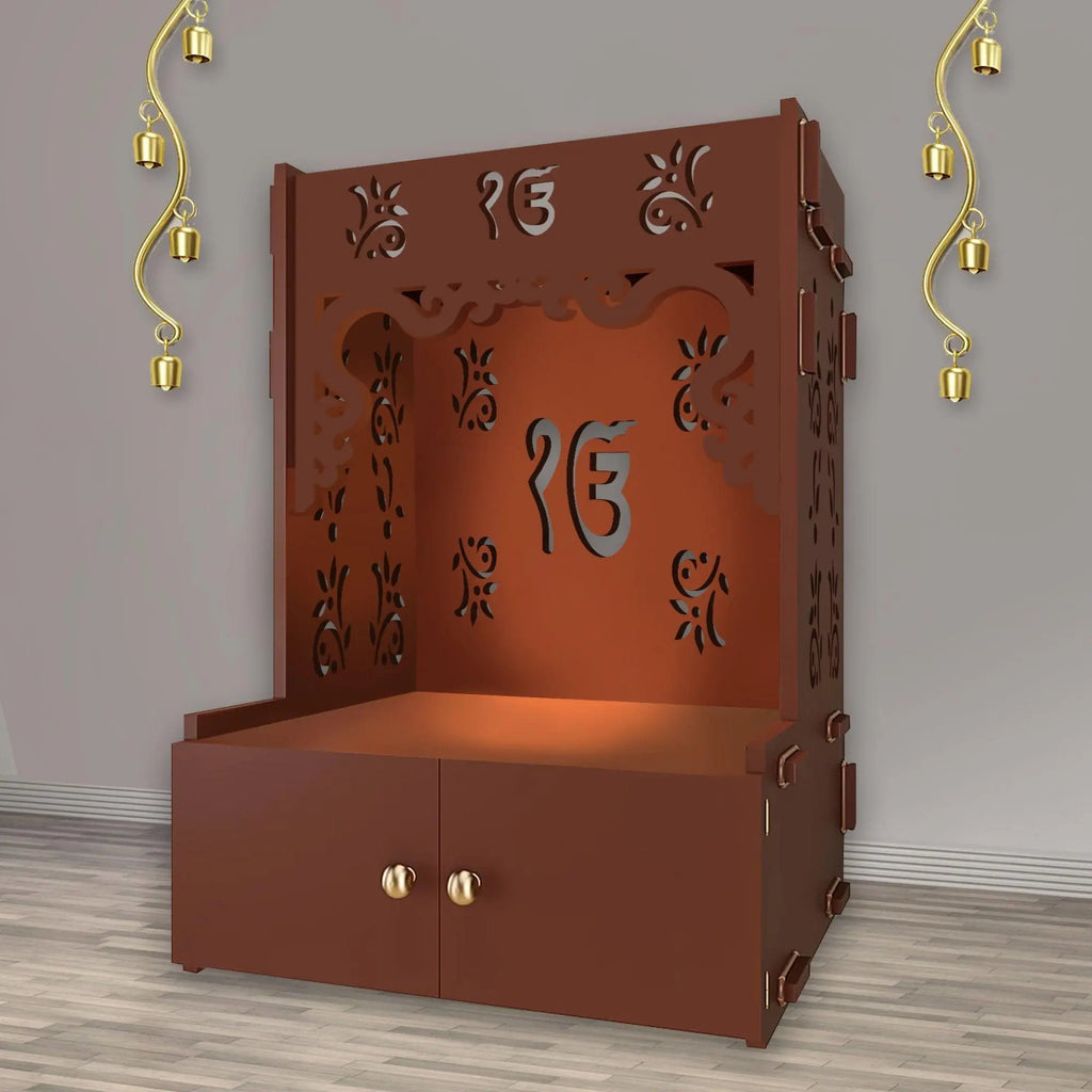 Ek-onkar Holy Symbol Floor Temple with Spacious Wooden Shelf & Inbuilt Focus Light- Brown Finish - Decor Mantra 