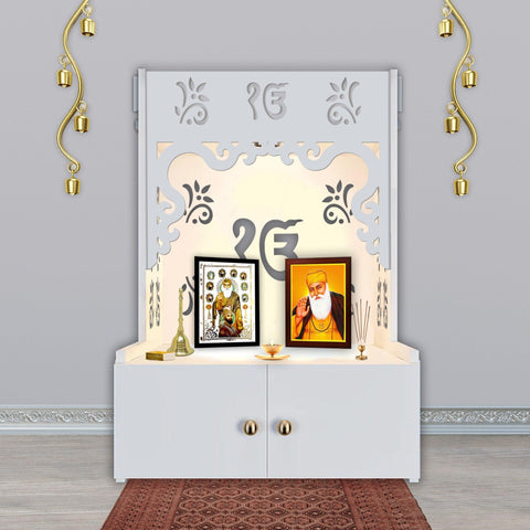 Ek-onkar Holy Symbol Floor Temple with Spacious Wooden Shelf & Inbuilt Focus Light- White Finish - Decor Mantra 