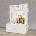 Ek-onkar Holy Symbol Floor Temple with Spacious Wooden Shelf & Inbuilt Focus Light- White Finish - Decor Mantra 