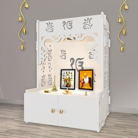 Ek-onkar Holy Symbol Floor Temple with Spacious Wooden Shelf & Inbuilt Focus Light- White Finish - Decor Mantra 