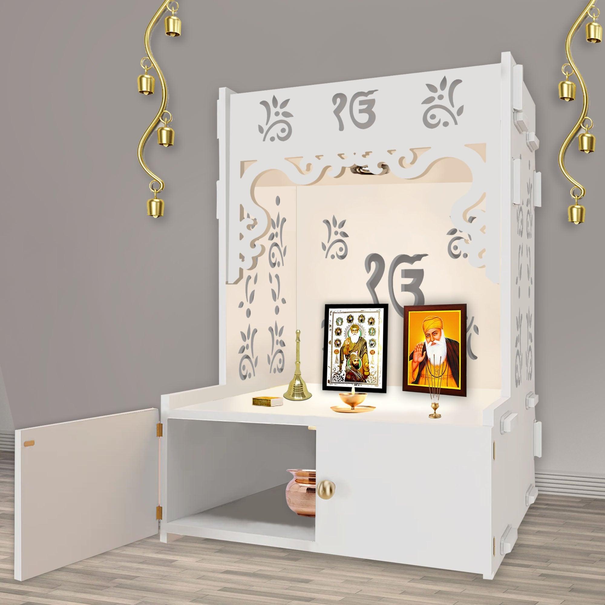 Ek-onkar Holy Symbol Floor Temple with Spacious Wooden Shelf & Inbuilt Focus Light- White Finish - Decor Mantra 