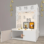 Ek-onkar Holy Symbol Floor Temple with Spacious Wooden Shelf & Inbuilt Focus Light- White Finish - Decor Mantra 