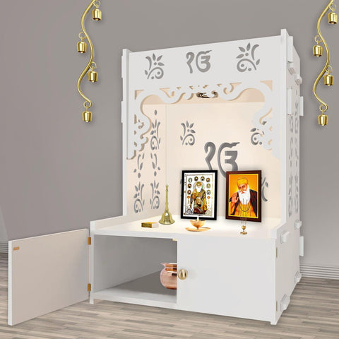 Ek-onkar Holy Symbol Floor Temple with Spacious Wooden Shelf & Inbuilt Focus Light- White Finish - Decor Mantra 