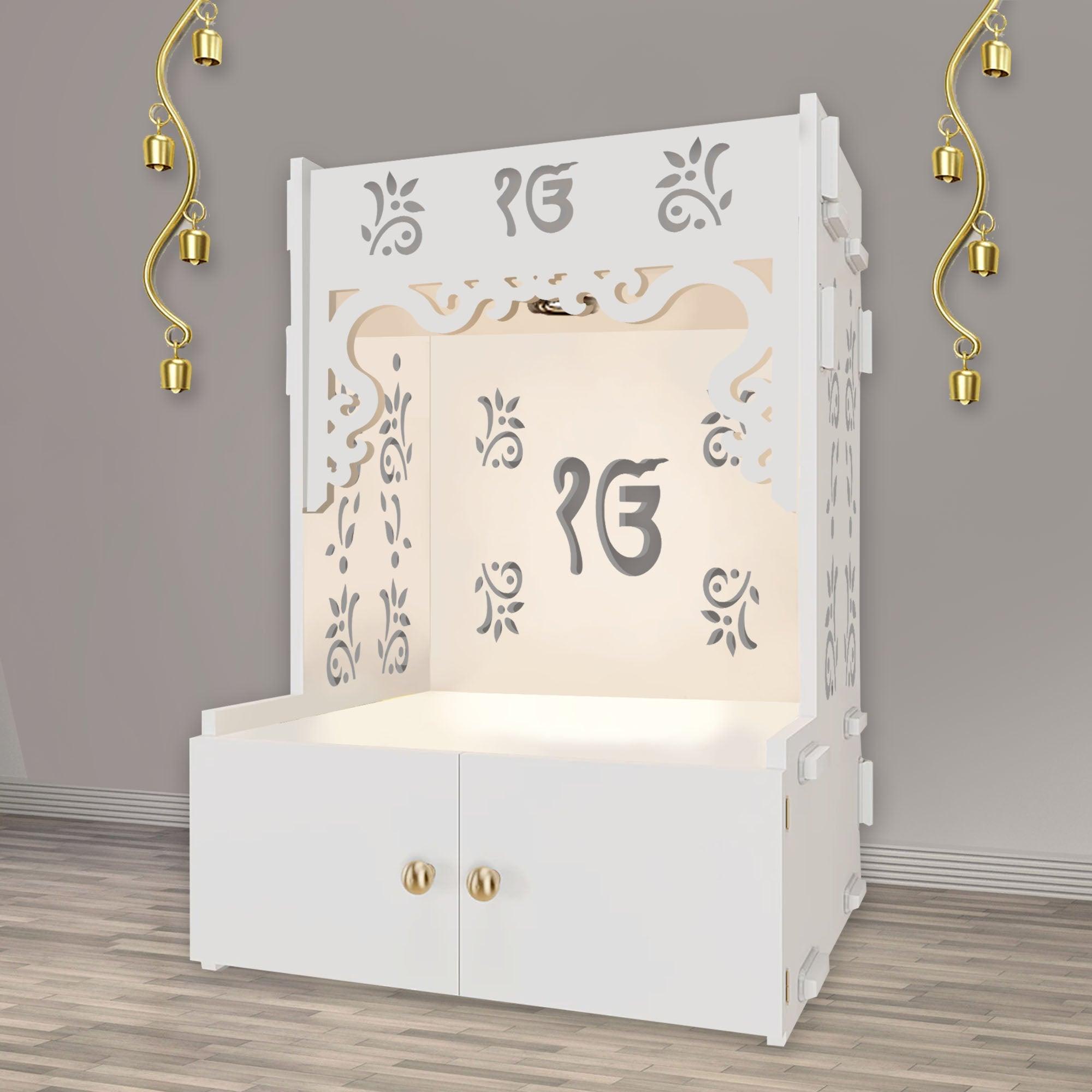 Ek-onkar Holy Symbol Floor Temple with Spacious Wooden Shelf & Inbuilt Focus Light- White Finish - Decor Mantra 