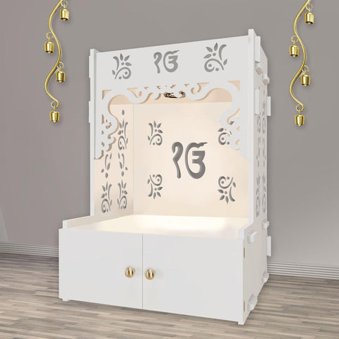 Ek-onkar Holy Symbol Floor Temple with Spacious Wooden Shelf & Inbuilt Focus Light- White Finish - Decor Mantra 