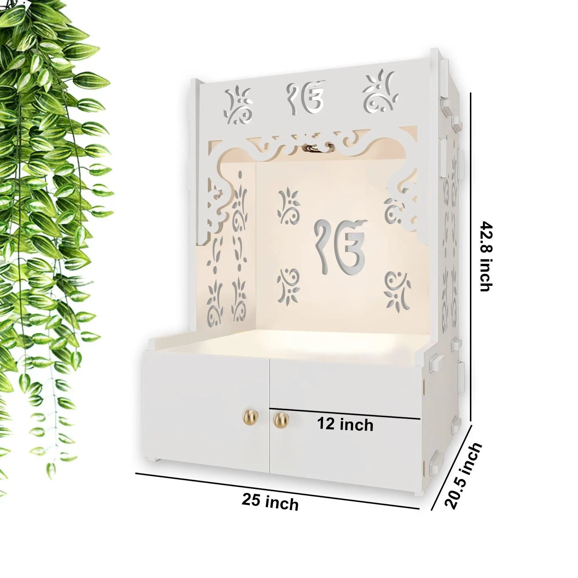Ek-onkar Holy Symbol Floor Temple with Spacious Wooden Shelf & Inbuilt Focus Light- White Finish - Decor Mantra 