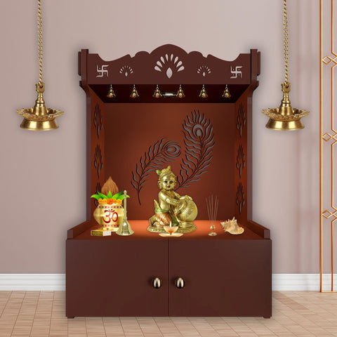 Premium Art of Mor Pankh Floor Temple with Spacious Wooden Shelf & Inbuilt Focus Light- Brown Finish - Decor Mantra 