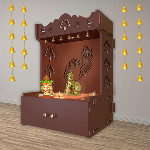 Premium Art of Mor Pankh Floor Temple with Spacious Wooden Shelf & Inbuilt Focus Light- Brown Finish - Decor Mantra 