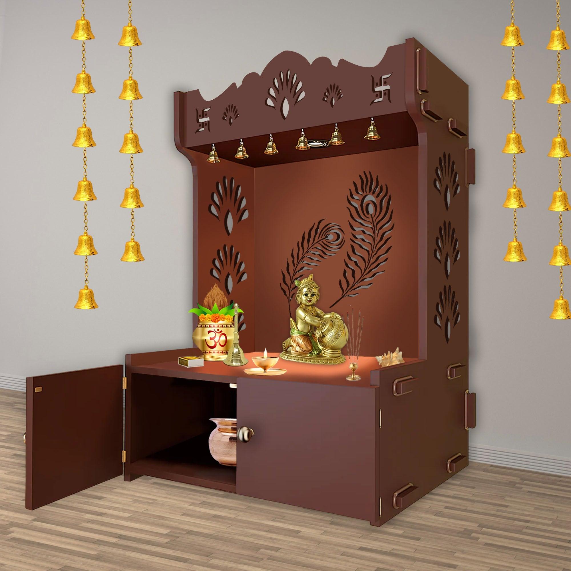 Premium Art of Mor Pankh Floor Temple with Spacious Wooden Shelf & Inbuilt Focus Light- Brown Finish - Decor Mantra 