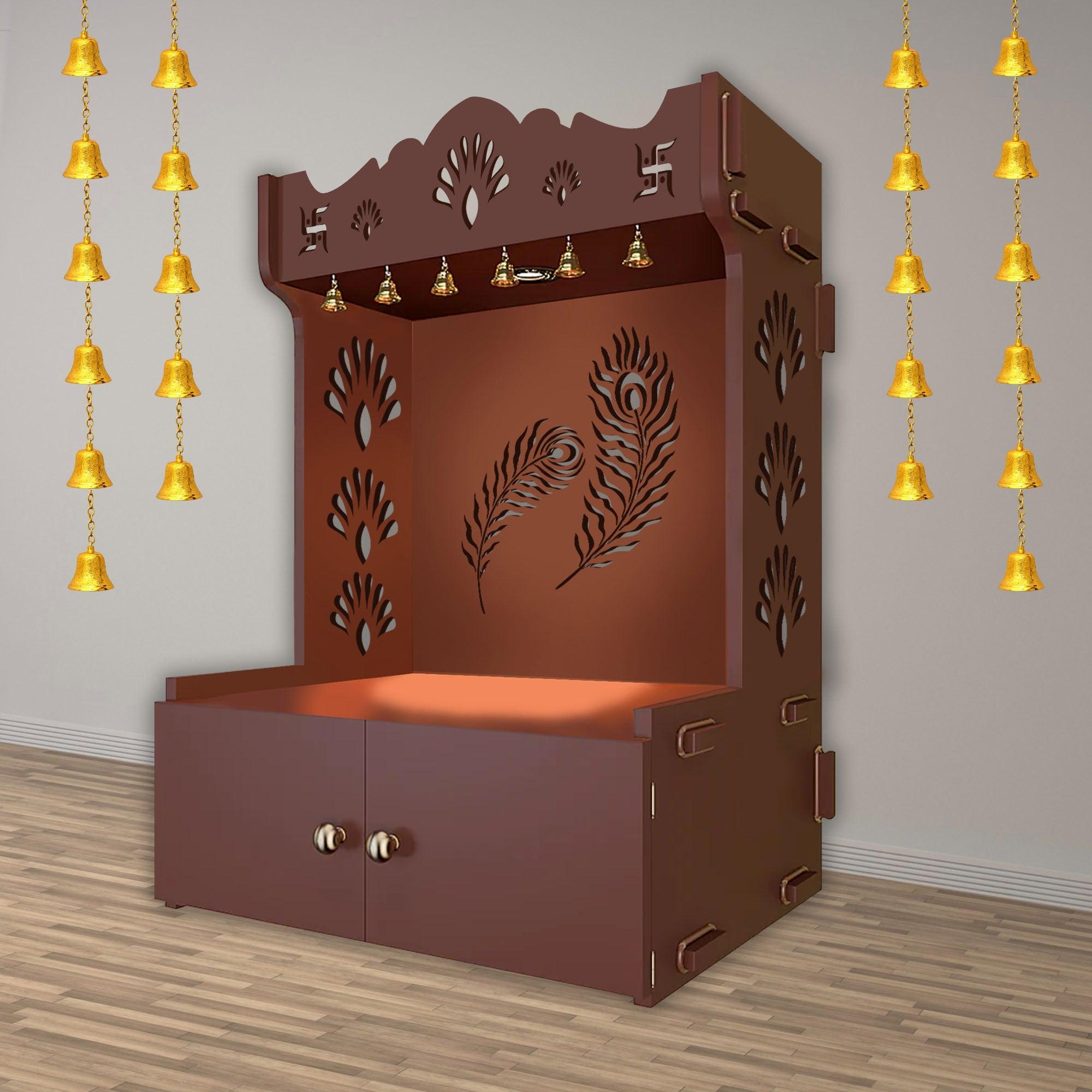 Premium Art of Mor Pankh Floor Temple with Spacious Wooden Shelf & Inbuilt Focus Light- Brown Finish - Decor Mantra 
