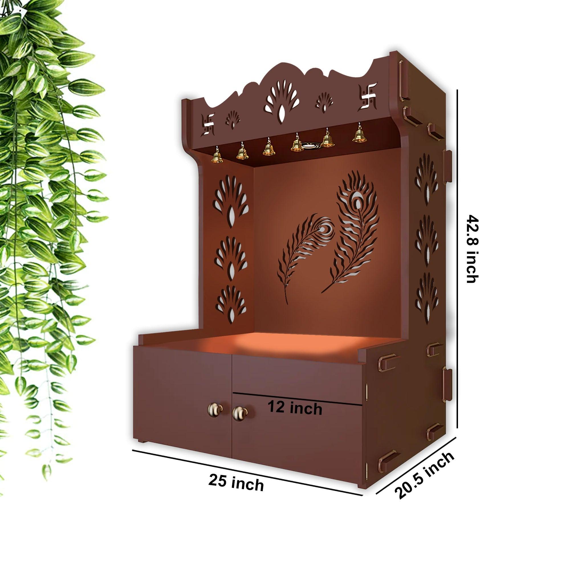 Premium Art of Mor Pankh Floor Temple with Spacious Wooden Shelf & Inbuilt Focus Light- Brown Finish - Decor Mantra 