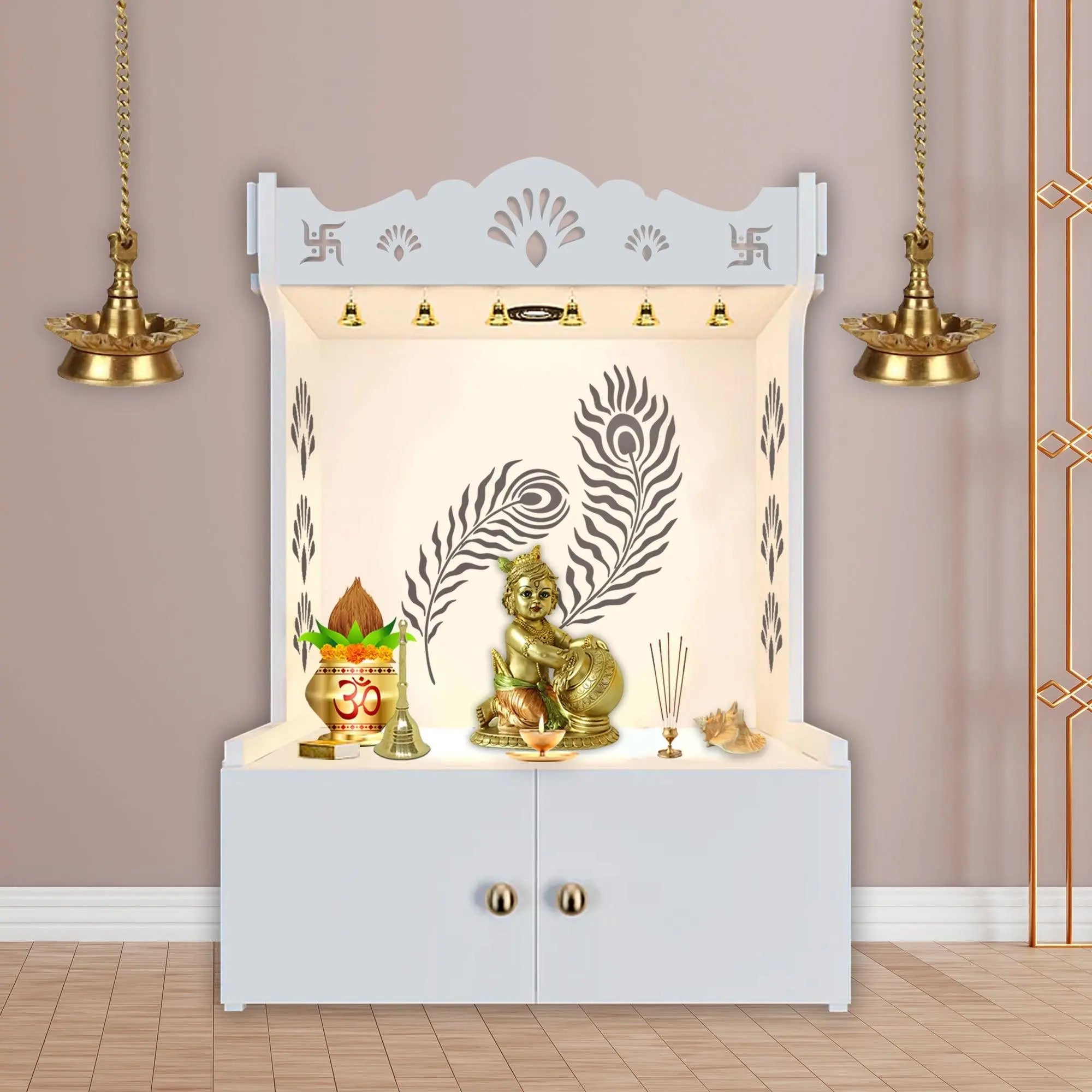 Premium Art of Mor Pankh Floor Temple with Spacious Wooden Shelf & Inbuilt Focus Light- White Finish - Decor Mantra 