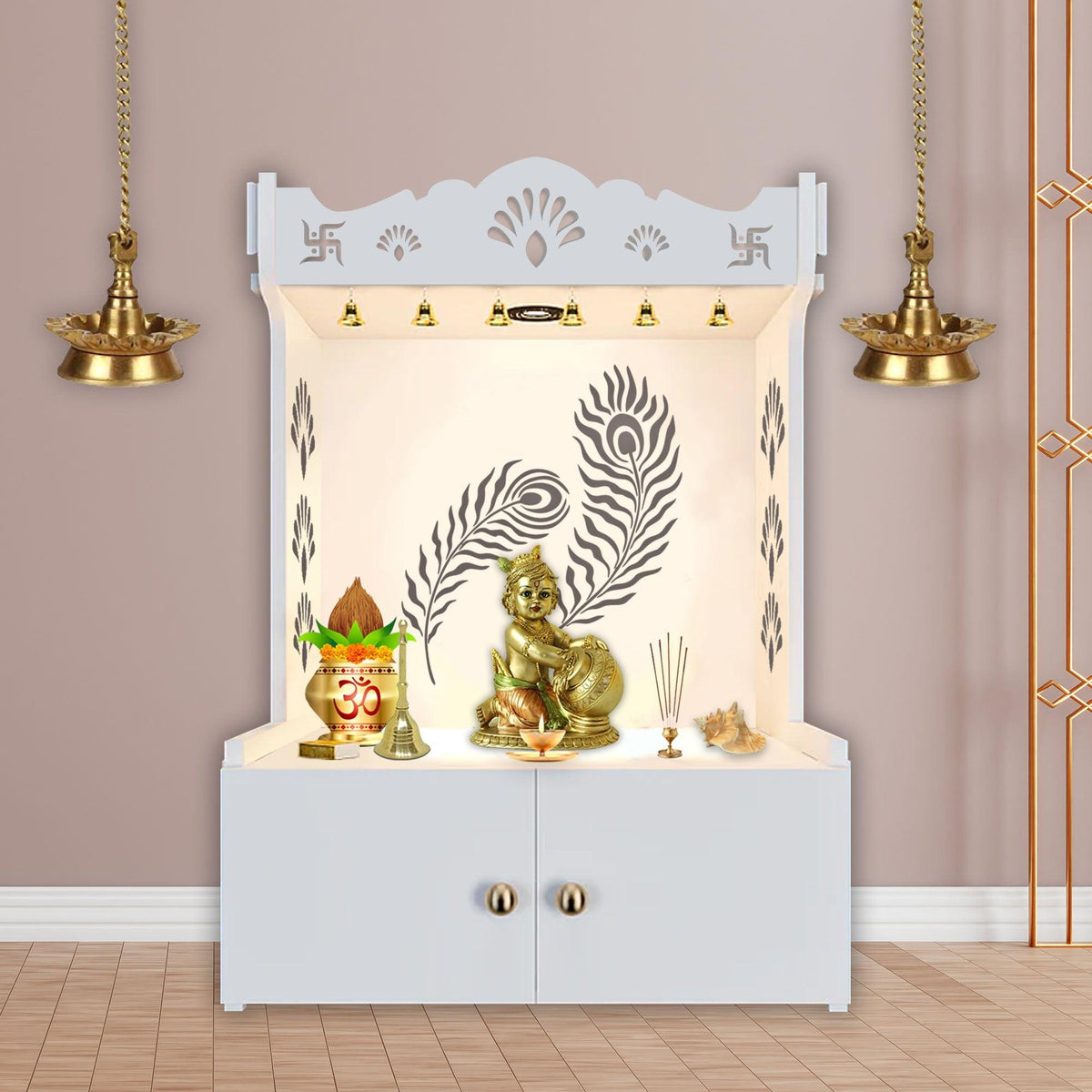 Premium Art of Mor Pankh Floor Temple with Spacious Wooden Shelf & Inbuilt Focus Light- White Finish - Decor Mantra 