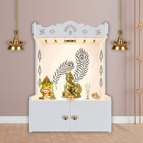 Premium Art of Mor Pankh Floor Temple with Spacious Wooden Shelf & Inbuilt Focus Light- White Finish - Decor Mantra 