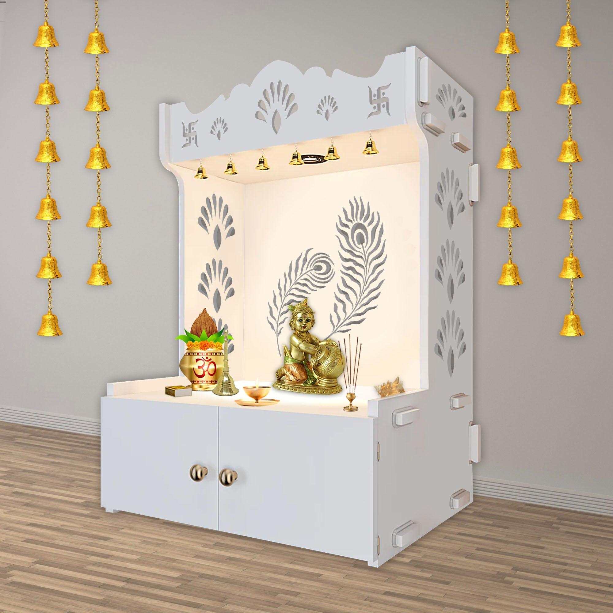 Premium Art of Mor Pankh Floor Temple with Spacious Wooden Shelf & Inbuilt Focus Light- White Finish - Decor Mantra 