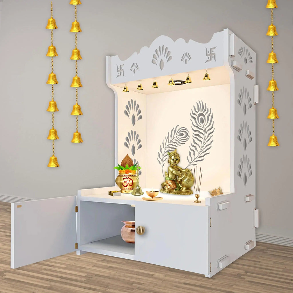 Premium Art of Mor Pankh Floor Temple with Spacious Wooden Shelf & Inbuilt Focus Light- White Finish - Decor Mantra 