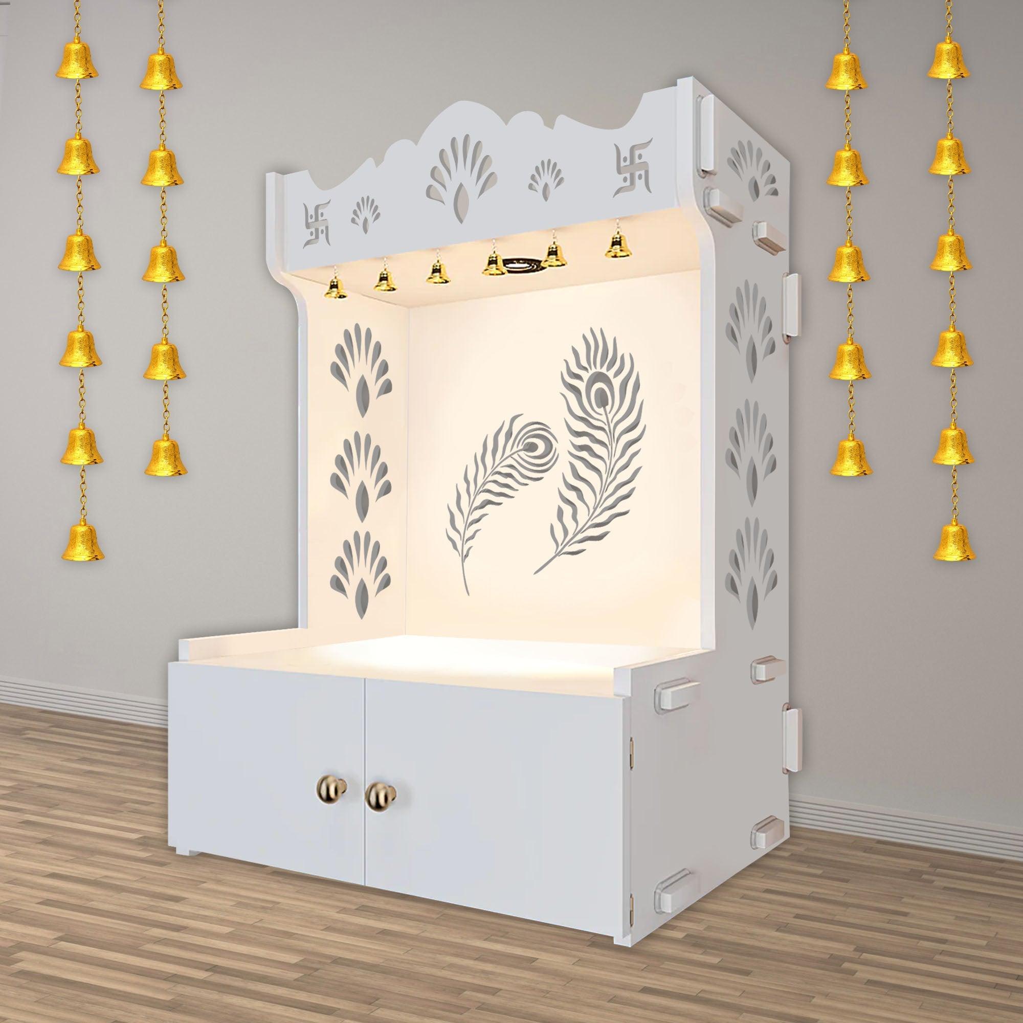Premium Art of Mor Pankh Floor Temple with Spacious Wooden Shelf & Inbuilt Focus Light- White Finish - Decor Mantra 