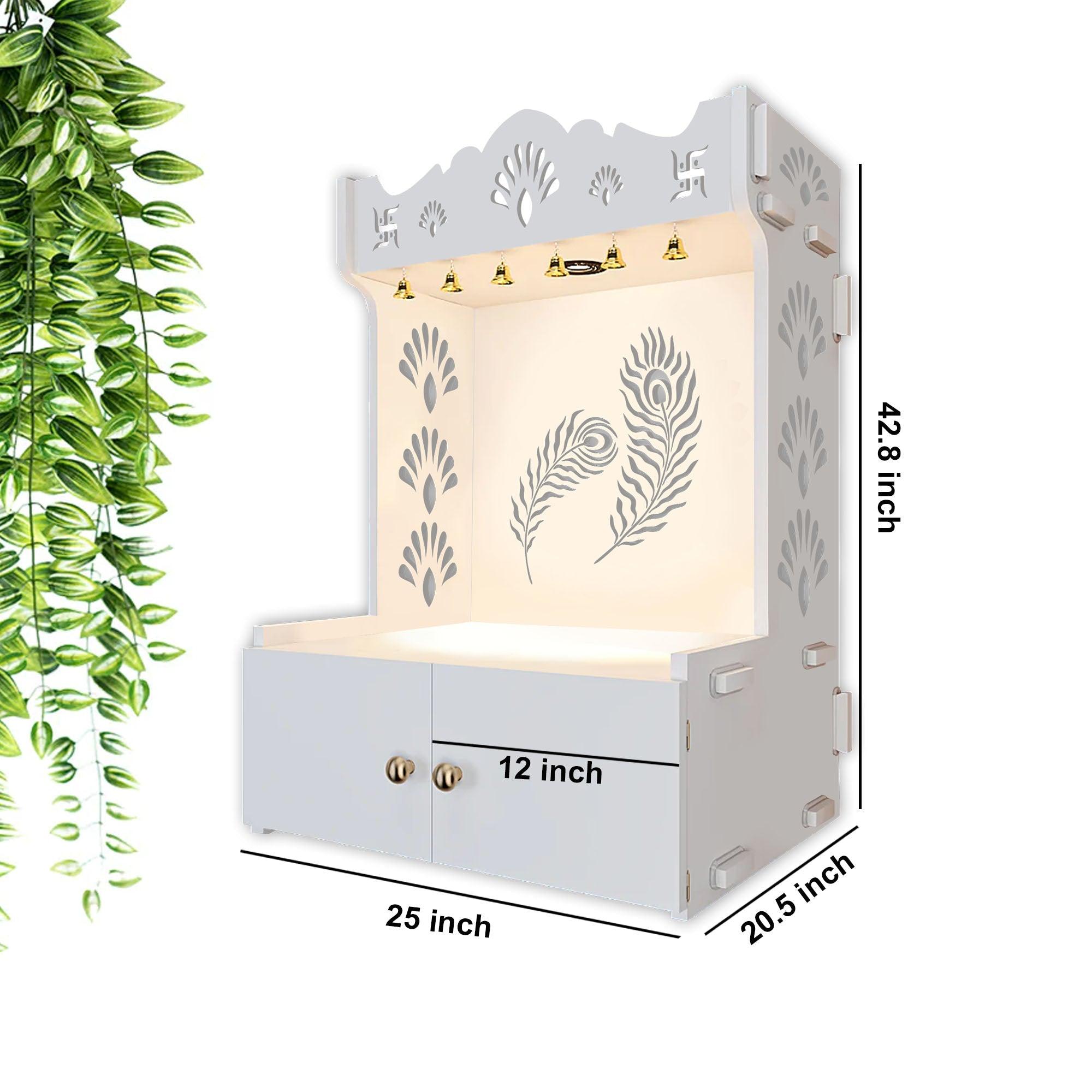 Premium Art of Mor Pankh Floor Temple with Spacious Wooden Shelf & Inbuilt Focus Light- White Finish - Decor Mantra 