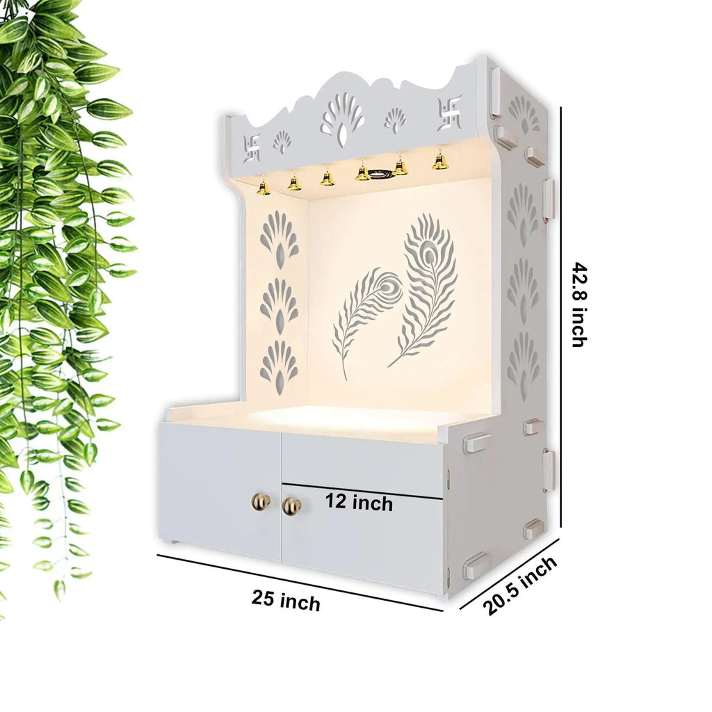 Premium Art of Mor Pankh Floor Temple with Spacious Wooden Shelf & Inbuilt Focus Light- White Finish - Decor Mantra 