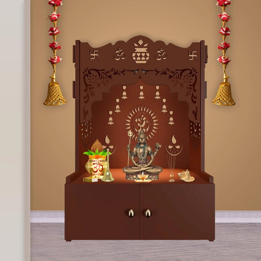 Holy Symbol Om Chakra Floor Temple with Spacious Wooden Shelf & Inbuilt Focus Light- Brown Finish - Decor Mantra 
