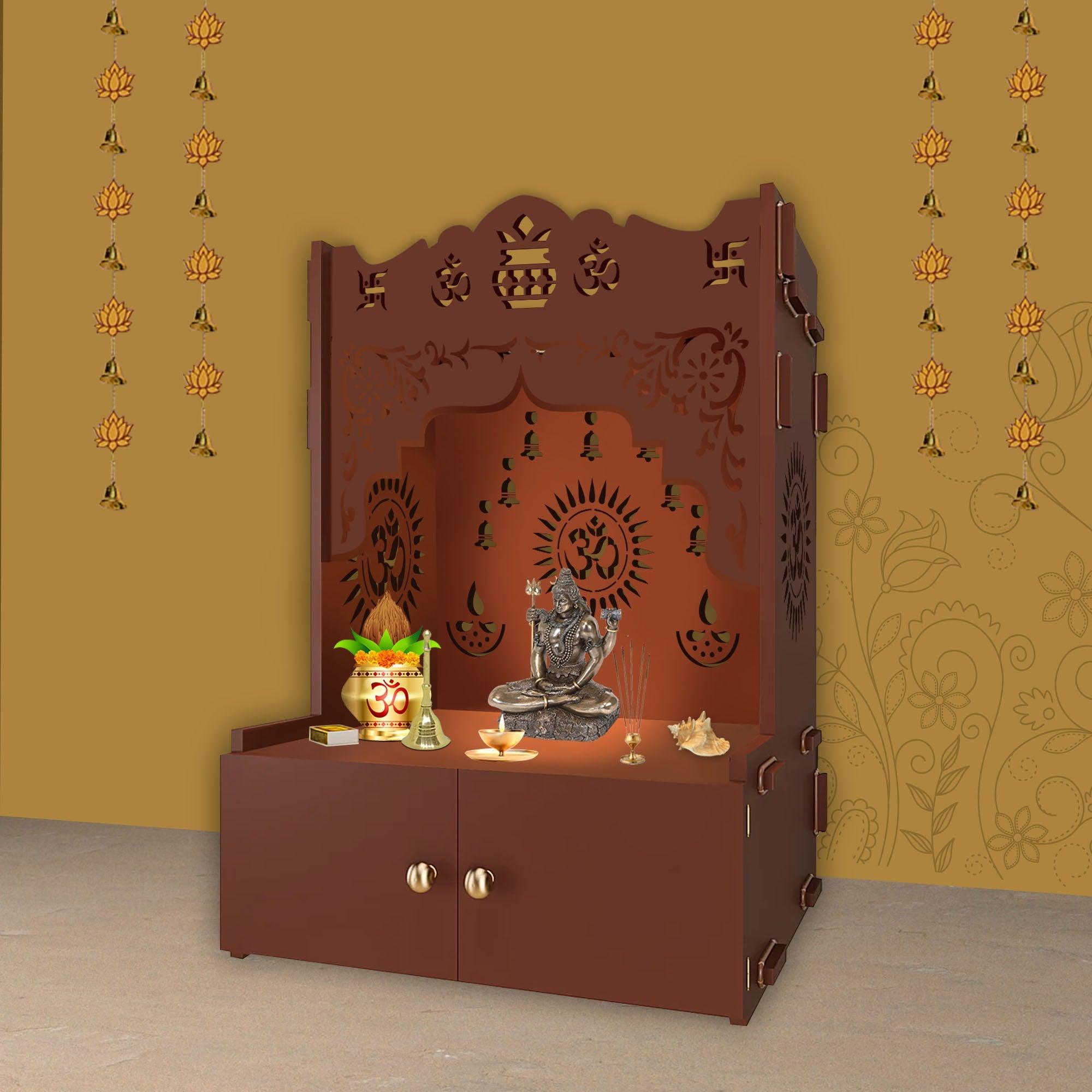 Holy Symbol Om Chakra Floor Temple with Spacious Wooden Shelf & Inbuilt Focus Light- Brown Finish - Decor Mantra 