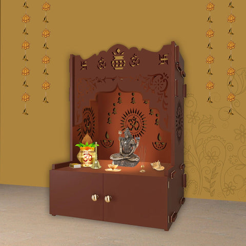 Holy Symbol Om Chakra Floor Temple with Spacious Wooden Shelf & Inbuilt Focus Light- Brown Finish - Decor Mantra 