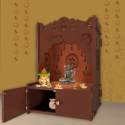 Holy Symbol Om Chakra Floor Temple with Spacious Wooden Shelf & Inbuilt Focus Light- Brown Finish - Decor Mantra 