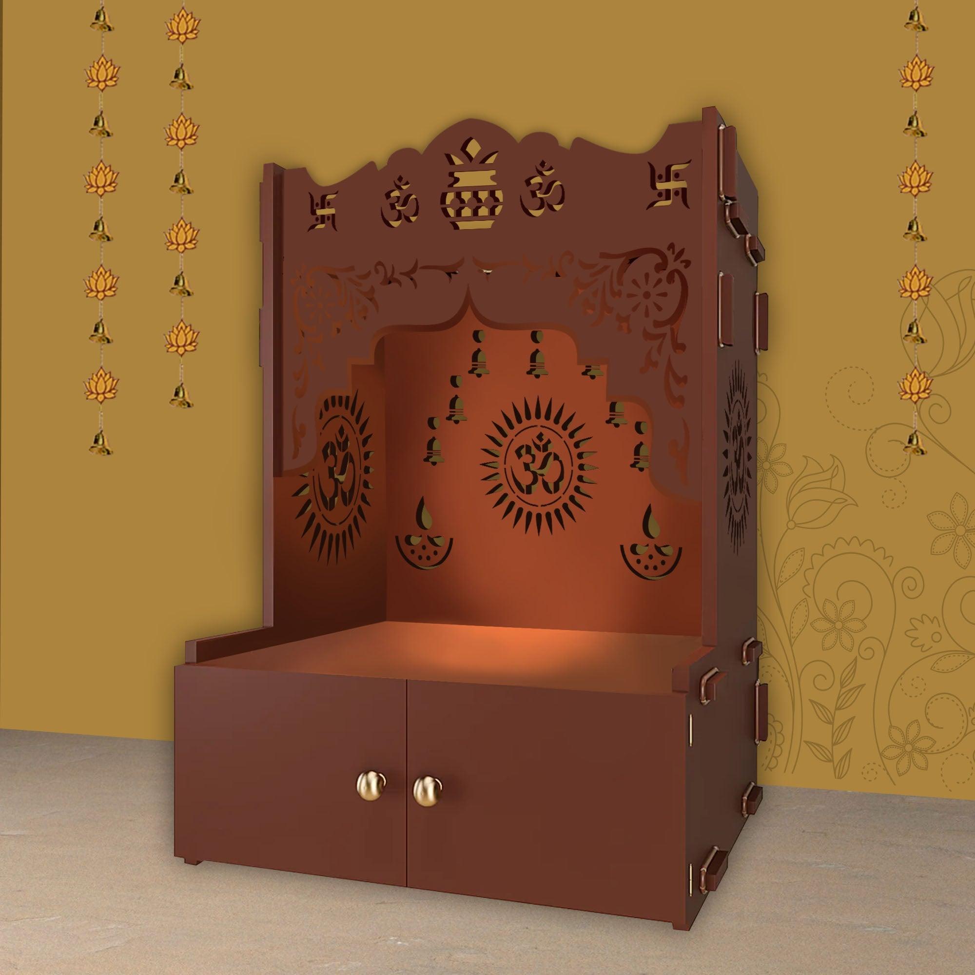 Holy Symbol Om Chakra Floor Temple with Spacious Wooden Shelf & Inbuilt Focus Light- Brown Finish - Decor Mantra 
