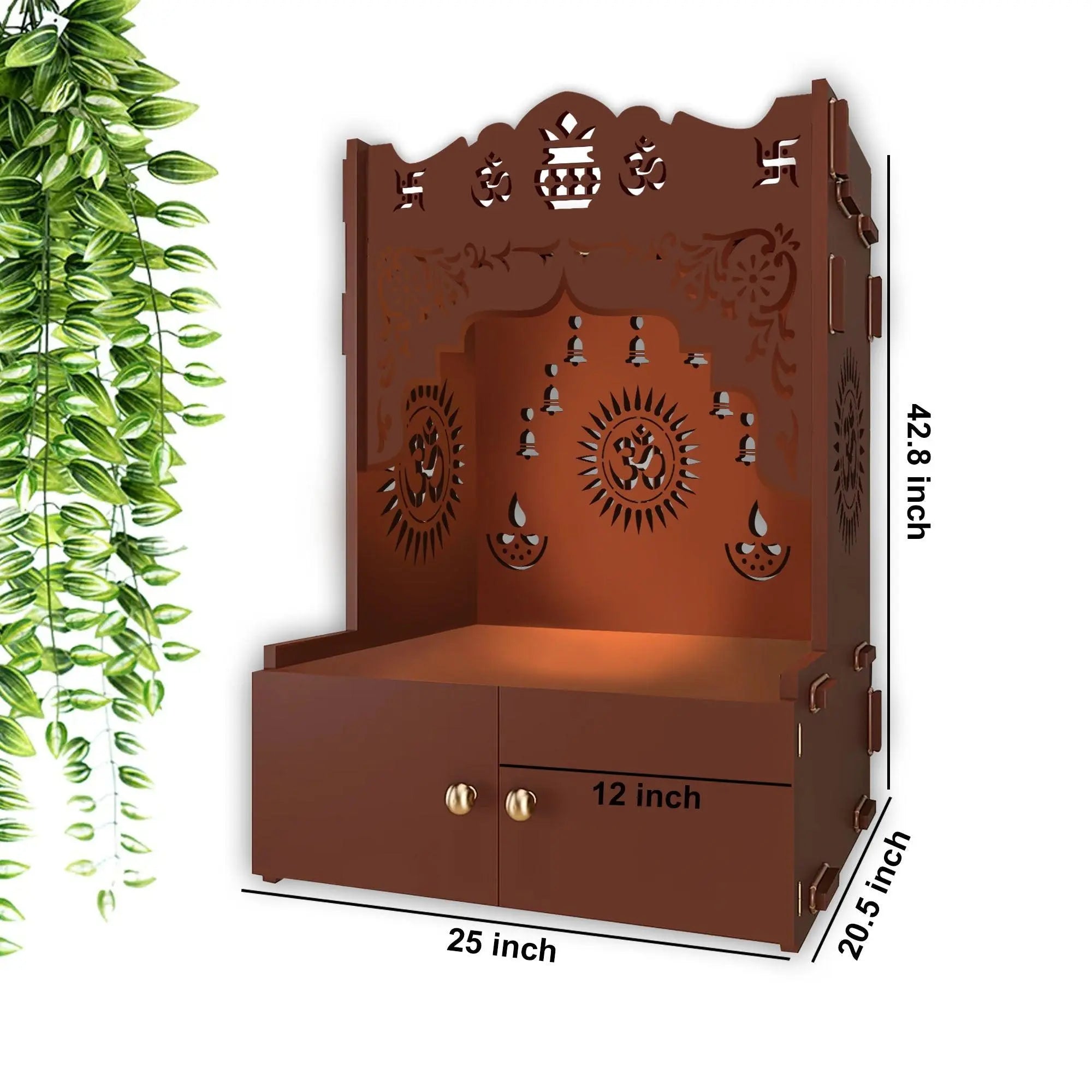 Holy Symbol Om Chakra Floor Temple with Spacious Wooden Shelf & Inbuilt Focus Light- Brown Finish - Decor Mantra 