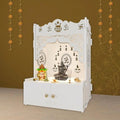 Holy Symbol Om Chakra Floor Temple with Spacious Wooden Shelf & Inbuilt Focus Light- White Finish - Decor Mantra 