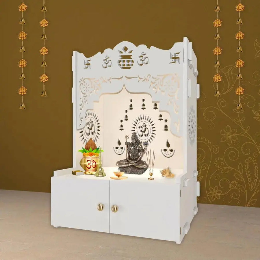 Holy Symbol Om Chakra Floor Temple with Spacious Wooden Shelf & Inbuilt Focus Light- White Finish - Decor Mantra 