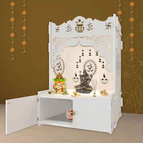 Holy Symbol Om Chakra Floor Temple with Spacious Wooden Shelf & Inbuilt Focus Light- White Finish - Decor Mantra 