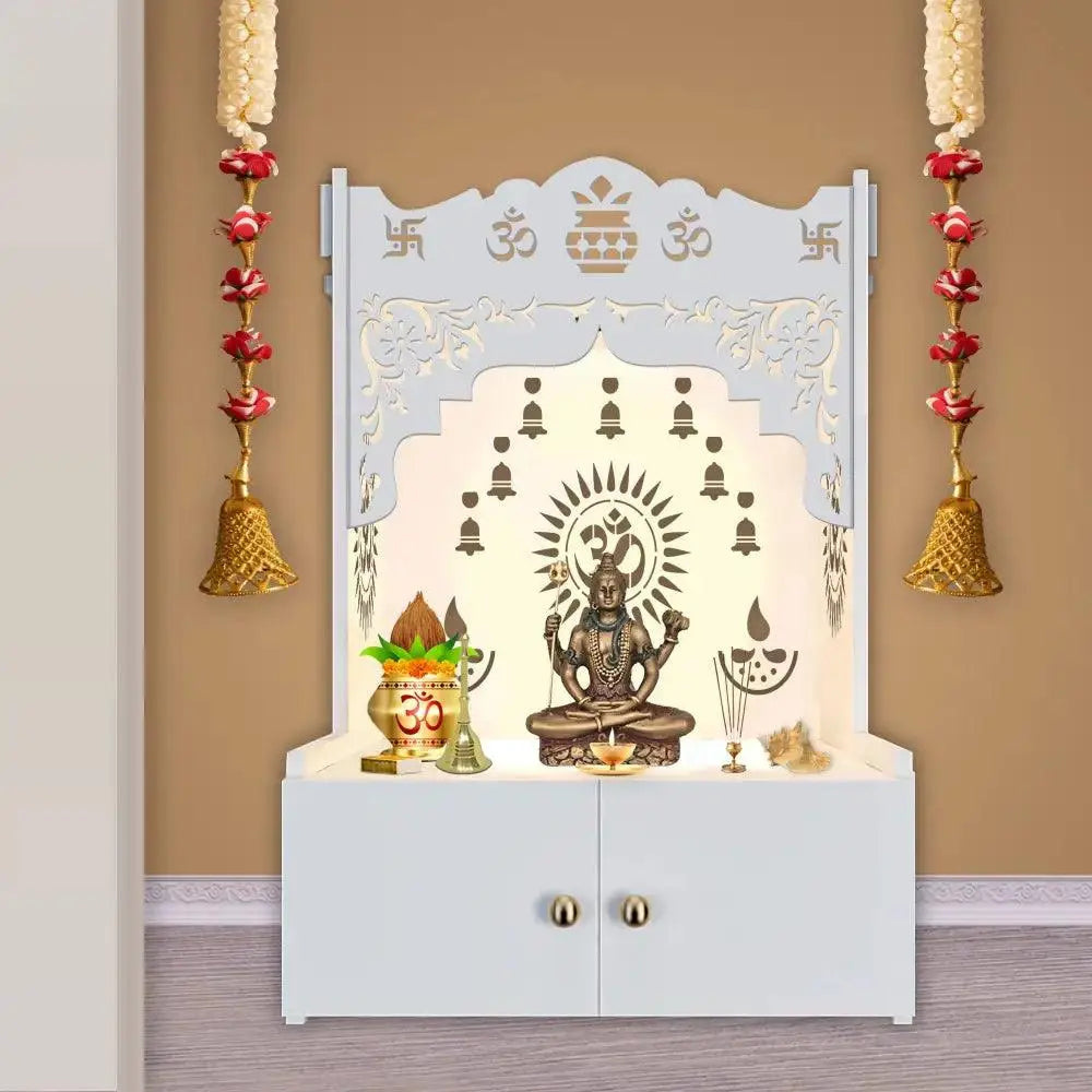 Holy Symbol Om Chakra Floor Temple with Spacious Wooden Shelf & Inbuilt Focus Light- White Finish - Decor Mantra 