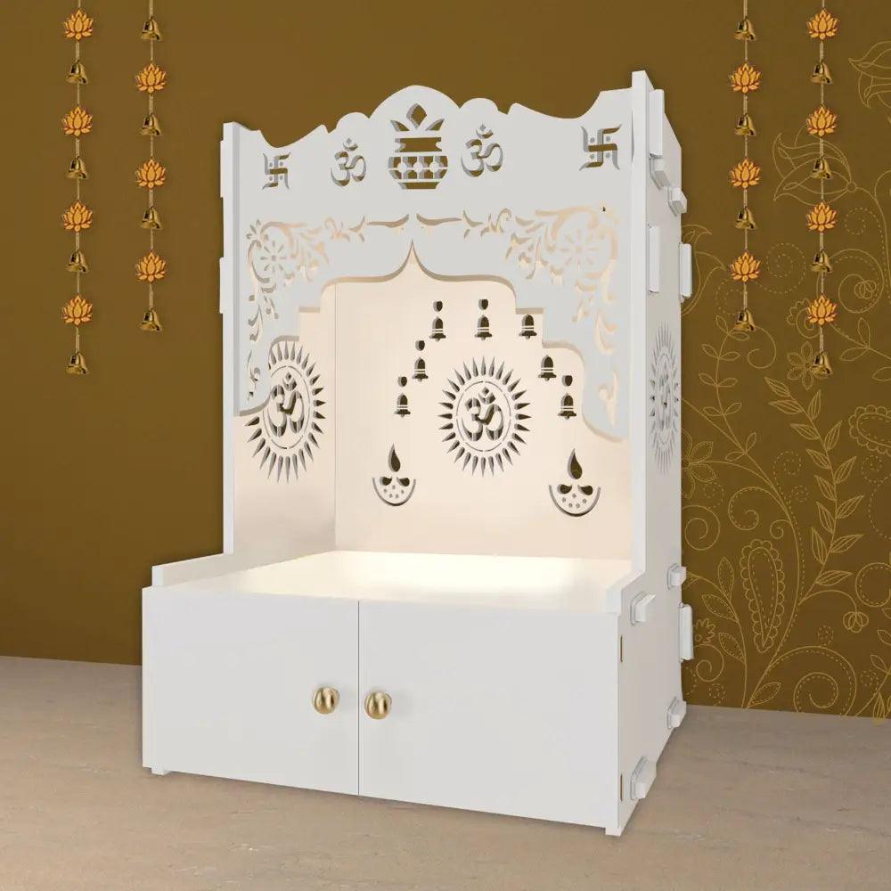 Holy Symbol Om Chakra Floor Temple with Spacious Wooden Shelf & Inbuilt Focus Light- White Finish - Decor Mantra 