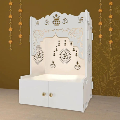 Holy Symbol Om Chakra Floor Temple with Spacious Wooden Shelf & Inbuilt Focus Light- White Finish - Decor Mantra 