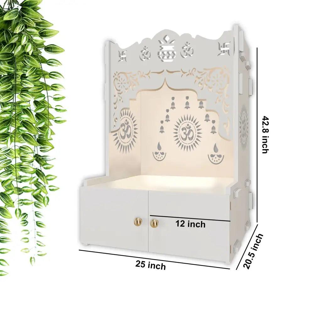 Holy Symbol Om Chakra Floor Temple with Spacious Wooden Shelf & Inbuilt Focus Light- White Finish - Decor Mantra 