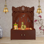 Beautiful Design of Shri Ganesh Floor Temple with Spacious Wooden Shelf & Inbuilt Focus Light- Brown Finish - Decor Mantra 