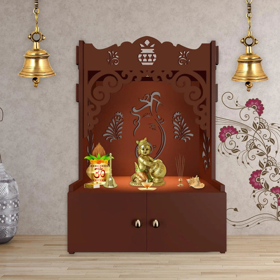 Beautiful Design of Shri Ganesh Floor Temple with Spacious Wooden Shelf & Inbuilt Focus Light- Brown Finish - Decor Mantra 