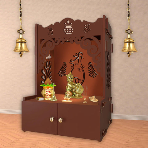 Beautiful Design of Shri Ganesh Floor Temple with Spacious Wooden Shelf & Inbuilt Focus Light- Brown Finish - Decor Mantra 