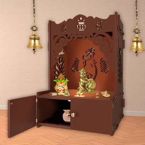 Beautiful Design of Shri Ganesh Floor Temple with Spacious Wooden Shelf & Inbuilt Focus Light- Brown Finish - Decor Mantra 