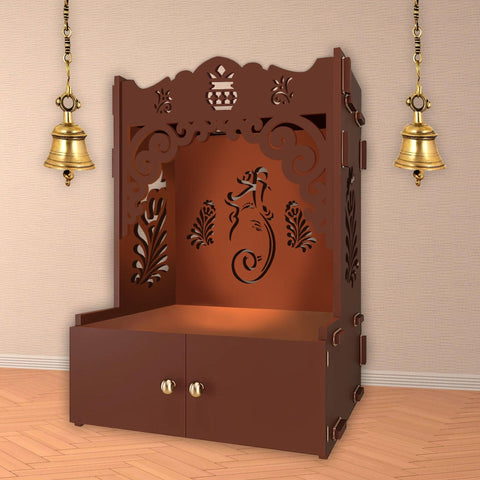 Beautiful Design of Shri Ganesh Floor Temple with Spacious Wooden Shelf & Inbuilt Focus Light- Brown Finish - Decor Mantra 